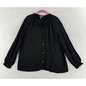 ModCloth Button-Up Shirt Womens Large Black Long Sleeve Tie Neck Casual Peasant